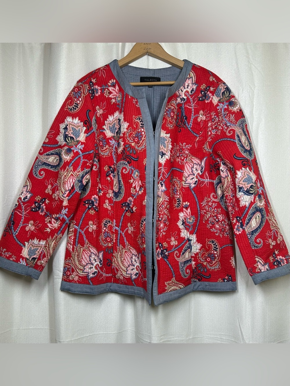 Talbots Quilted Jacket Red Floral Paisley Size XL Cotton Pockets